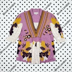 Anthropologie Bl^nk London Embroidered Floral Tunic Top Boho Puff Sleeve